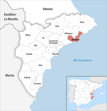 Die Lage des Gerichtsbezirk Benidorm in der Provinz Alicante