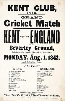 Poster for an 1842 match between Kent and an England XI immediately before the foundation of the Kent County Club Kentvengland1842poster.jpg