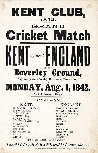Poster for an 1842 match between Kent and an England XI immediately before the foundation of the Kent County Club