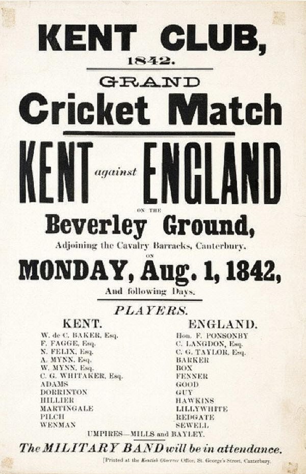 Poster for an 1842 match between Kent and an England XI immediately before the foundation of the Kent County Club