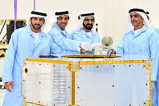 Sheikh Mohammed bin Rashid, the Vice President and Prime Minister of the UAE placing the first component on chassis of KhalifaSat - November 2016