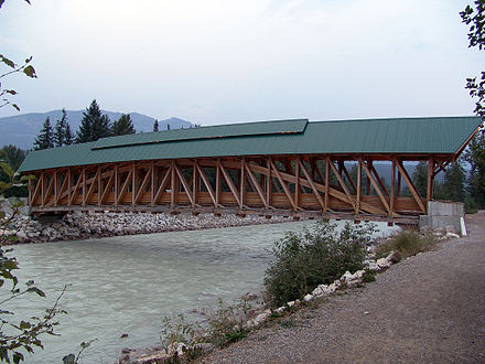 Kicking Horse Pedestrian Bridge, Golden, British Columbia, completed in September 2001, is the longest freestanding timber frame bridge in Canada