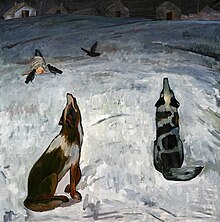 Painting of howling wolves by Ochir Kikeev (1988) Kikeev Kalmyk hoton.jpg
