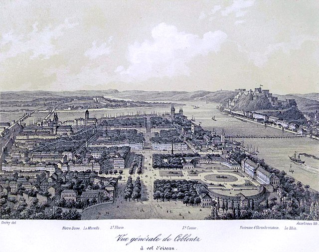 Aerial view of the palace, Koblenz and the Rhine, second half of the 19th century