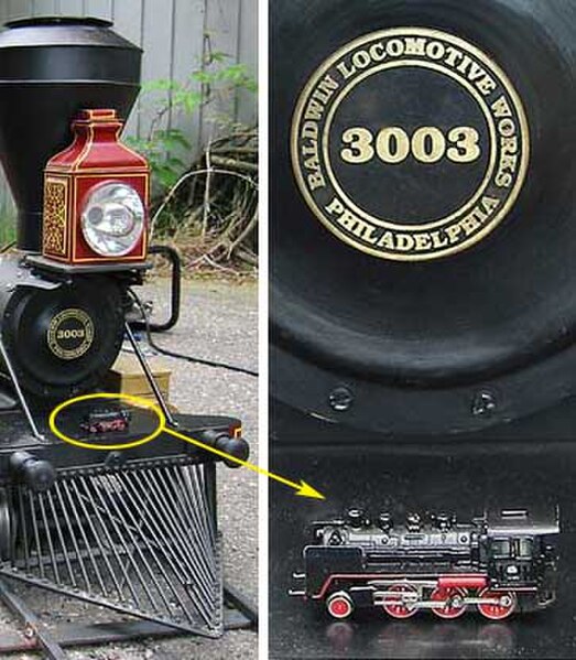 One of the smallest (Z scale, 1:220) placed on the buffer bar of one of the larger (live steam, 1:8) model locomotives