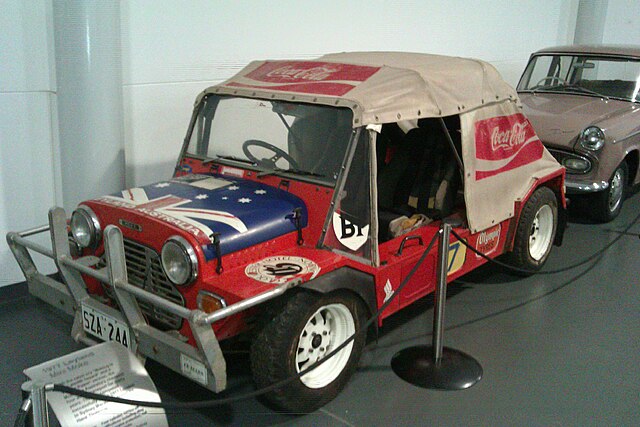 The Leyland Moke in which Hans Tholstrup and John Crawford placed 35th in the 1977 Singapore Airlines London to Sydney Rally