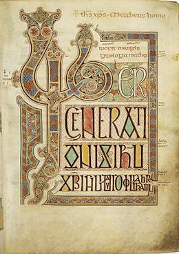 Folio 27r from the 8th-century Lindisfarne Gospels contains the incipit from the Gospel of Matthew. LindisfarneFol27rIncipitMatt.jpg