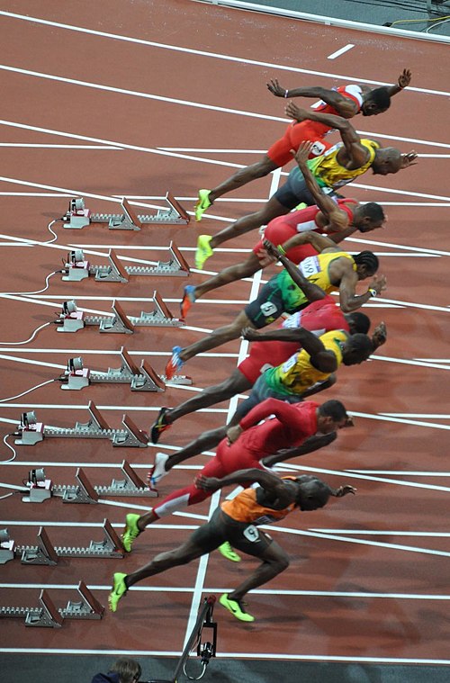 Start of the men's 100 metres final at the 2012 Olympic Games in London