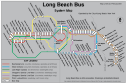 A map of the Long Beach Bus routes and select stations, as of 2024. Long Beach Bus Map February 2024 for Commons, Long Beach, NY.png