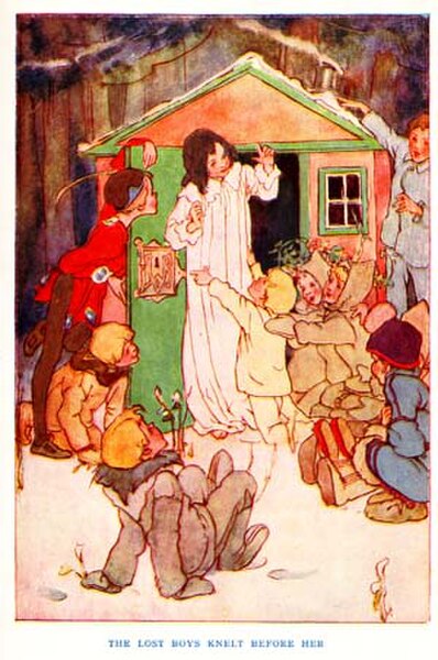 The Lost Boys and Peter Pan after building a house for Wendy. Illustration by Alice B. Woodward.
