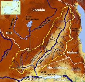 Kaart van die Luangwarivier-bekken in Afrika.