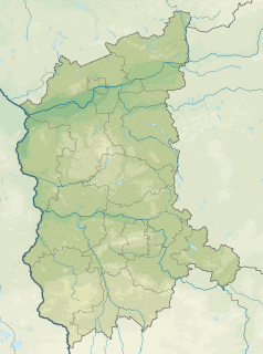 Mapa konturowa województwa lubuskiego, blisko prawej krawiędzi na dole znajduje się punkt z opisem „źródło”, natomiast na dole nieco na prawo znajduje się punkt z opisem „ujście”