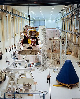 Lunar Module-1 and Spacecraft Lunar Module Adapter (SLA)-7 in the Kennedy Space Center's Manned Spacecraft Operations Building.jpg