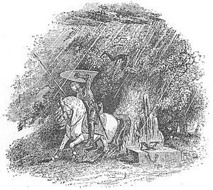 Cynon or Owain shelter from the supernatural hailstorm before the coming of the Black Knight, taken from the 1902 edition of the Mabinogion. Illustration - S. Williams Mabinogion - Owain or Cynon shelter from a hailstorm.jpg