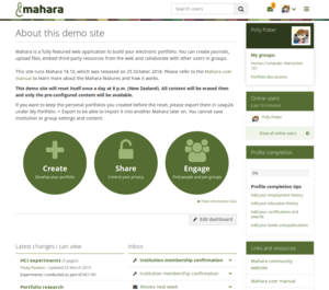 Screenshot eines Mahara E-Portfolio-Dashboards