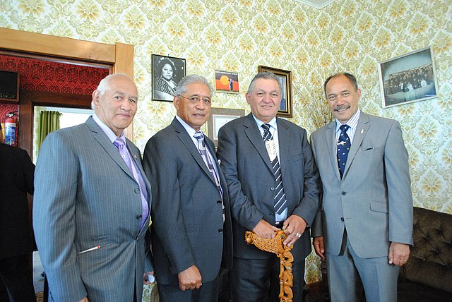 Māori leaders at Rātana Pā on 25 January 2012. (L-R) Harerangi Meihana, Sir Tumu Te Heuheu, Kingi Tūheitia and Sir Jerry Mateparae