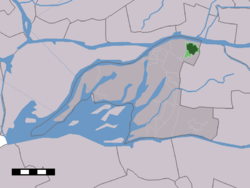 The village centre (dark green) and the statistical district (light green) of Sleeuwijk in the municipality of Werkendam.