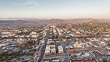 A sunset aerial view of Downtown Escondido, California.