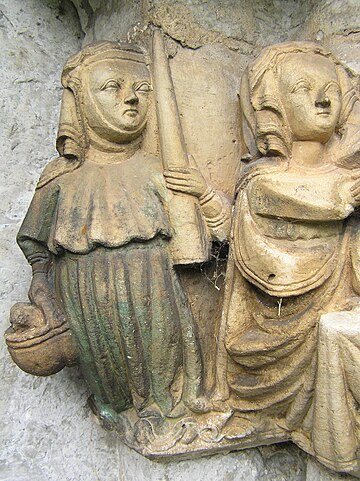 Detail of one of the sculpted portals of Martebo church, with remains of original paint Martebo kyrka church medieval servant Egypticus.jpg