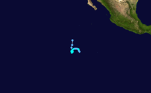 The path of a tropical storm over the Eastern Pacific Ocean; it is shaped like an uppercase letter 'L', with the bottom edge curving upward like a camel's hump in the middle