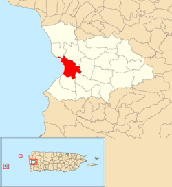 Mayagüez barrio-pueblo'nun Mayagüez belediyesi içinde kırmızıyla gösterilen konumu