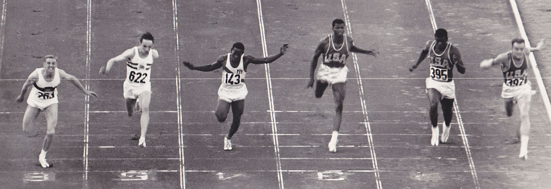 100 m final in the 1960 Olympics. Hary is on the far left in Lane 6.