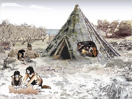 Recreation of the Mesolithic sunken-floored building from Echline field