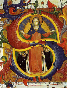 Initial from the Missal 558 of the Convent of San Marco, attributed to the studio of Fra Angelico. Messale 558, vergine protettrice dei domenicani.jpg