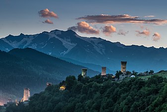 Mestia towers at evening, Mestia, Svaneti, Georgia