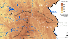 Locatie van het plateau ten opzichte van het Millevaches-plateau