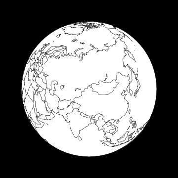 Figure 8: View of the Earth four hours after apogee from a Molniya orbit under the assumption that the longitude of the apogee is 90° E. The spacecraft is at an altitude of 24,043 km over the point 87.35° E 47.04° N