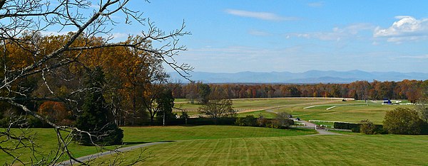 View of the Blue Ridge Mountains from the second floor of the front of James Madison's Montpelier, Orange County, VA.