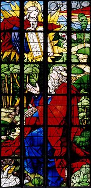 Моисей, получающий десять заповедей. Витраж работы мастерской Фейта Хиршфогеля по рисунку Альбрехта Дюрера для церкви Св. Якоба в Штраубинге[de]. 1500 год