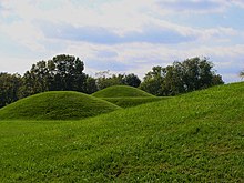 Hopewell mounds from the Mound City Group in Ohio Mound City Chillicothe Ohio HRoe 2008.jpg