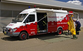 A New South Wales Fire Brigade's HAZMAT fireman assembles his equipment for a HAZMAT drill. NSWFB HAZMAT Unit.jpg