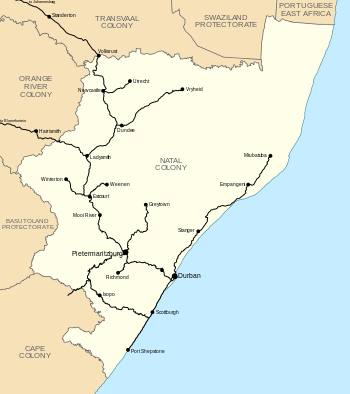 Railway network of Natal in 1910, immediately before the formation of the Union of South Africa Natal railways map 1910.svg