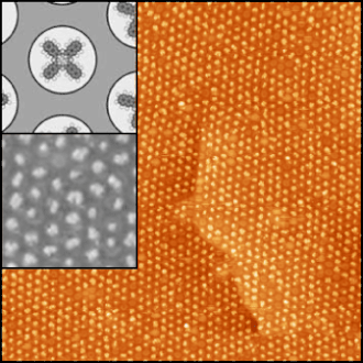 Naphthalocyanine molecules evaporated onto the nanomesh. They only adsorb in pores, forming a well-defined pattern. NcNanomesh.gif