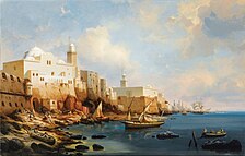 Oil painting of a two adjacent building with minarets topping a seafront fortification