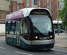 Nottingham Express Transit AT6/5 tram in Nottingham in July 2009 Nottingham ... tram. (3699223088).jpg