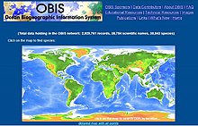 June 2004 version of the OBIS front page (www.iobis.org) incorporating "click on a map" spatial search based on c-squares representations of data distributions in the OBIS Index, designed by Rees and implemented by Rees and Y. Zhang Obis-June 2004.jpg