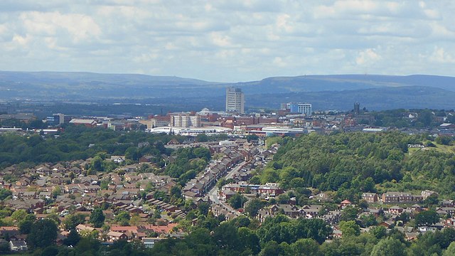 Image: Oldham town centre closeup from Hartshead Pike