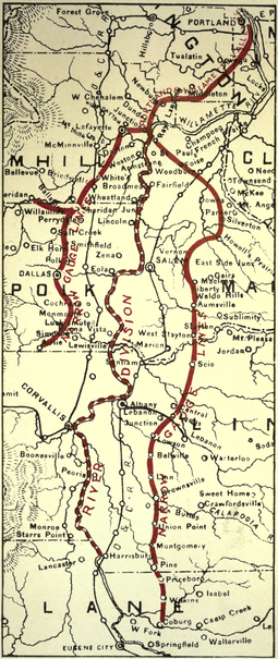 A map of Willamette Valley rail lines from 1919. Oregon rail map 1919.png