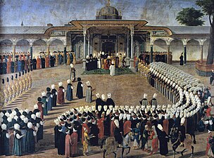 Painting of Sultan Selim III holding audience in front of the Gate of Felicity