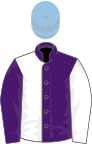 Фиолетовый и белый (разделенный пополам), рукава перевернуты, голубая шапка 