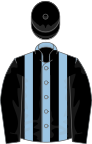 Light blue and black stripes, black sleeves and cap