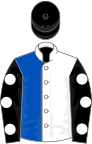 White and royal blue (halved), black sleeves, white spots, black cap