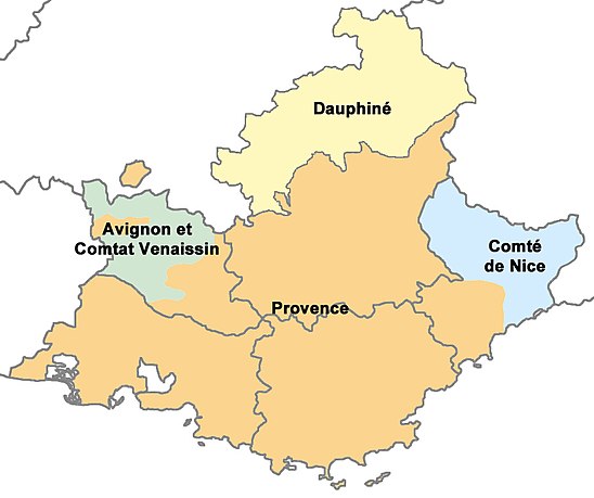 The historical province of Provence (orange) within the modern region of Provence-Alpes-Côte d'Azur in southeast France