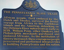 Historical marker in Philadelphia by the Delaware River PA Slave Trade marker Phila 2021 jeh (cropped).jpg