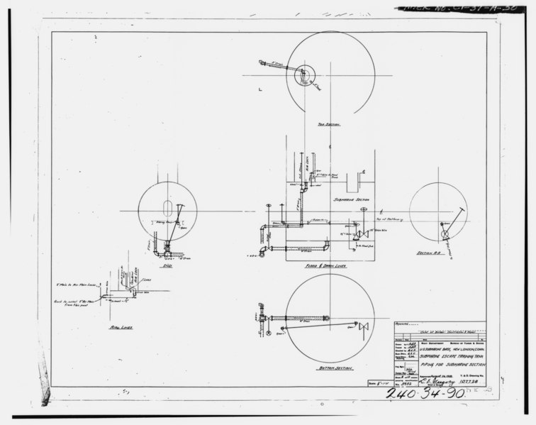 File:PIPING FOR SUBMARINE SECTION, YandD No. 107728 Scale 3-8' = 1'; August 26, 1929 - U.S. Naval Submarine Base, New London Submarine Escape Training Tank, Albacore and Darter Roads HAER CONN,6-GROT,3A-50.tif