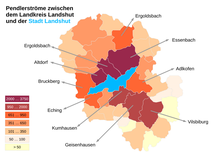 Darstellung der Pendlerströme aus den Gemeinden des Landkreises Landshut in die Stadt Landshut und umgekehrt. Stand: 30. Juni 2016